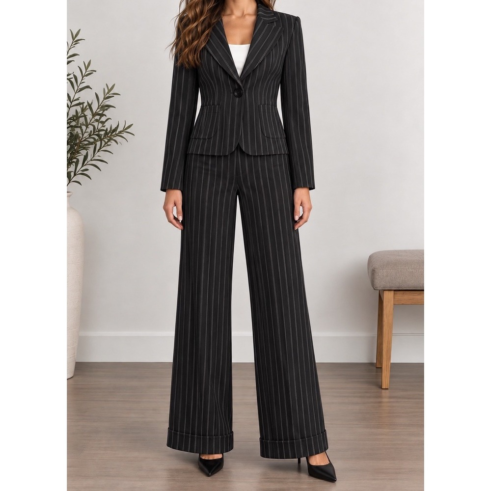 Donutz Inc Womens Y2K Vintage Pinstripe 2 Piece Pant Suit Set Size 9 Black White